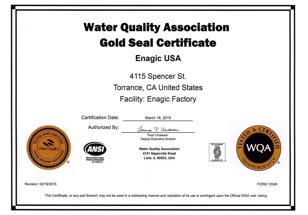 Enagic WQA Paper Certificate For Kangen Water Ionisers | Machines